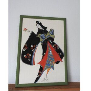 Original Japanese Girl Geisha In Black Kimono With A Flower Gouache Paint Framed